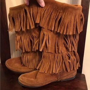Minnetonka Fringe Moccasin Boots - Brown